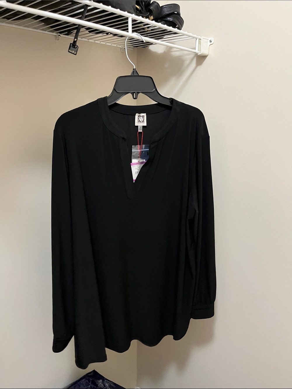 Anne Klein Black Long Sleeve Split Neck Blouse